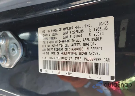 2006 Honda Accord 2.4 Ex z USA, uszkodzony, nr VIN 1HGCM72676A003137